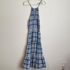 Ralph Lauren Womens 100% Cotton Maxi Dress M Blue Plaid Halter Tiered Cottage